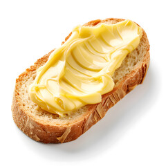 Creamy butter spread over a fresh slice of bread top view, isolated on white background - obrazy, fototapety, plakaty