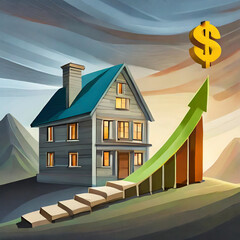 realistic interest rates increase in rates or decrease rates chart with dollar sign and house model real estate concept