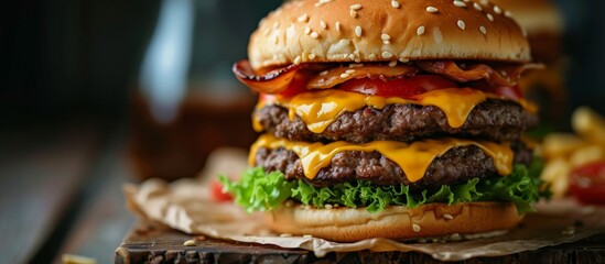 Delicious hamburger with melted cheese, juicy tomato, crisp lettuce on a sesame seed bun