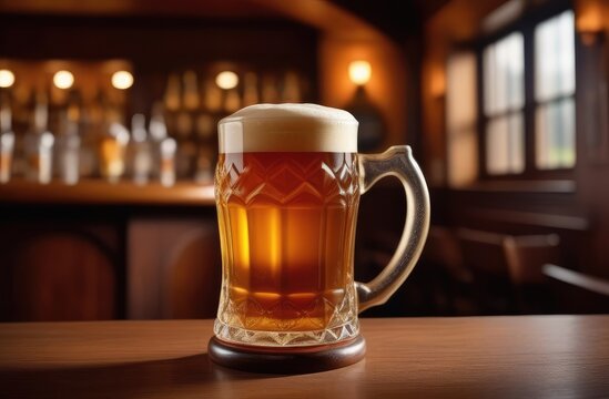 closeup on amber beer in mug with frothy head on bar counter, empty pub in background.