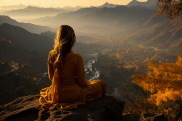 Girl sitting on the top of mounting and enjoying yellow sunrise above sea