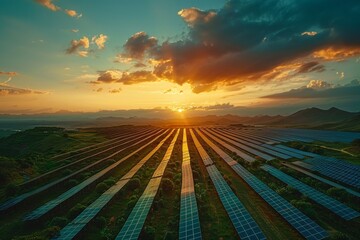 Solar panels in solar farm. Renewable and eco green energy. Generative AI
