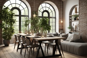 Fototapeta premium Nordic Plant Decor Loft: Mediterranean Dining Room Ideas with Arch Windows