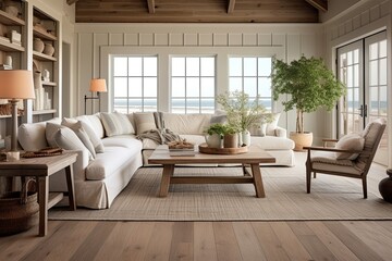 Fototapeta na wymiar Coastal Loft-Inspired Living Room Interiors: Serene Ambiance & Laminate Flooring