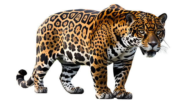  A sleek Jaguar in an ominous stance, its aggressive profile captured in stunning detail, transparent background