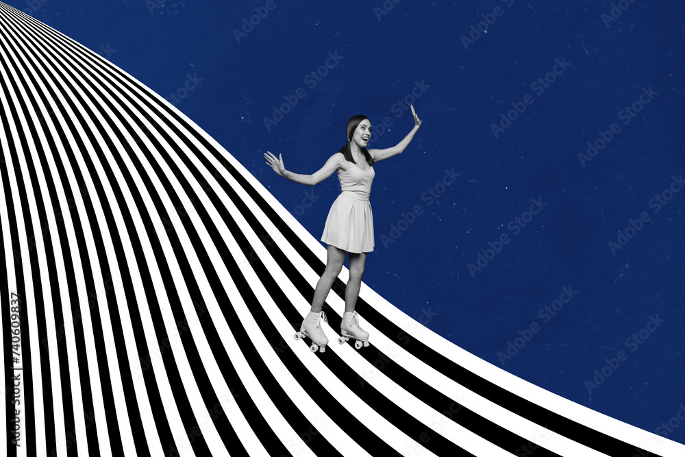 Sticker Composite collage of overjoyed cheerful black white colors girl enjoy ride rollerblades striped zebra hill isolated on creative background