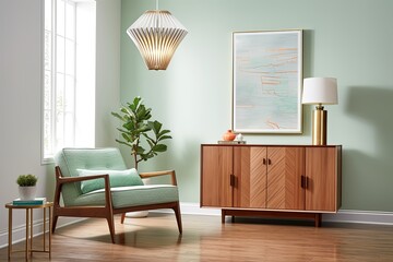 Mint Chair Lounge: Wooden Cabinet & Modern Light Fixtures Perfecting the Space