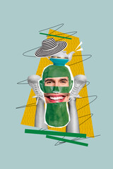 Vertical collage image of upside down black white effect legs head sculpture guy eyes toothy smile...