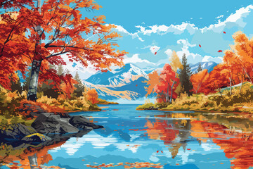 Fototapeta na wymiar a painting of a lake surrounded by trees