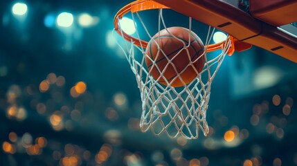 Fototapeta premium Closeup of an orange basketball ball passing through a rim or ring with a net, basketball indoors arena with a hoop and the backboard. Sphere or circle, round object for shooting and scoring in a gym