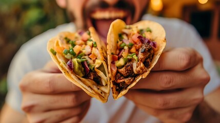 Closeup of a young man smiling, opening his mouth to eat tacos that he is holding in his hands....
