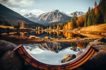 Reflection of mountains and lake in the mirror. Autumn landscape