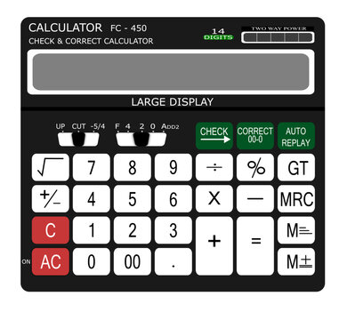 A black color standard calculator isolated on a white background. It is designed for basic arithmetic operations such as addition, subtraction, multiplication, and division.