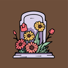 gravestone with flowers vector illustration
