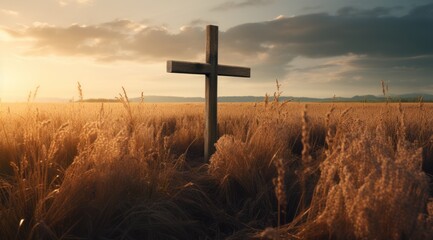 the cross standing in front of a field of grass - obrazy, fototapety, plakaty