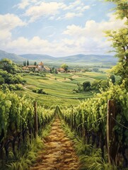 Fototapeta na wymiar Lush Vineyard Vintage Painting: Winery Artworks and Wall Art in Grapevine Fields