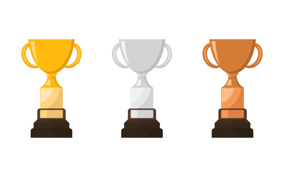gold silver and bronze trophy cup in cartoon flat illustration isolated on white background