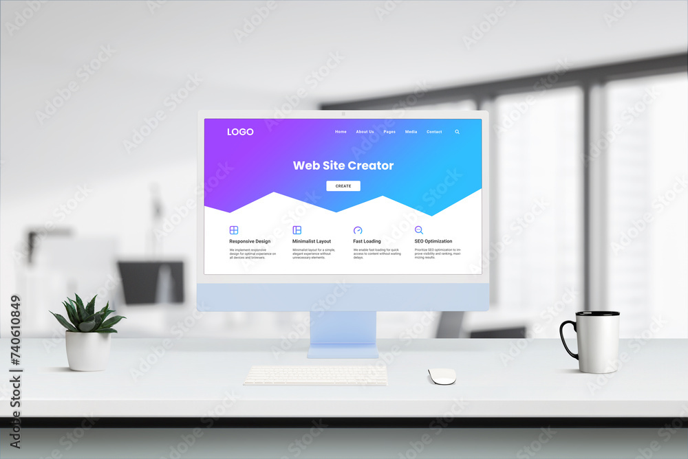 Poster Modern computer screen on desk showcases purple-blue Web Site Creator interface with responsive design icons, minimalist layout, fast loading, SEO optimization