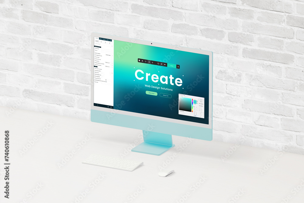 Poster Modern computer screen displays online website creator interface with editor and color palette, enabling easy customization and design flexibility
