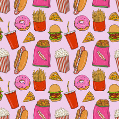 Hand drawn doodle fast food seamless pattern. Illustration for fabric und textile design, wallpaper, packaging, food design, menu design, decoration.