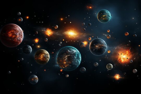 a universe with planets, stars and space satellites.A cluster of planets, black holes in space © anwel