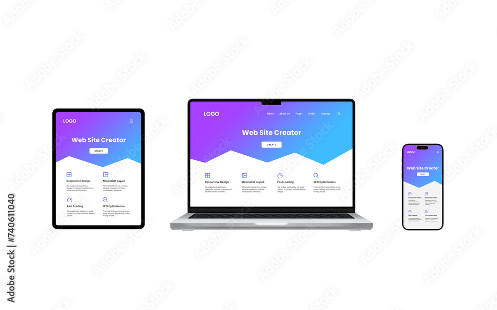 Aufkleber laptop, tablet, and phone displays feature responsive website creator interfaces, demonstrating adap