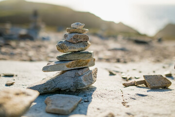 Stones stacks at Malin Head, Ireland's northernmost point, Wild Atlantic Way, spectacular coastal route. Numerous Discovery Points. Co. Donegal