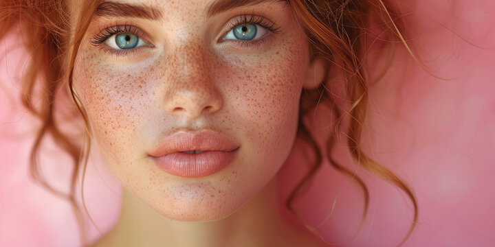 Young beautiful model with ginger hair and freckles looking at camera isolated over pink background. Beauty portrait. Generative AI.