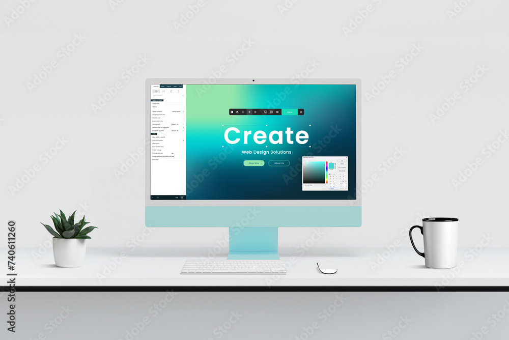 Fototapete Modern web design studio with computer display showcasing site creation editor, tools, and color picker for efficient and creative website development