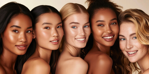 A diverse multiracial group of beautiful female fashion models with natural beauty and glowing smooth skin. Face shot of multiple women of all races. Generative AI.