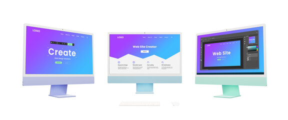 Three computer displays showcase web design creation tools and interface concepts, offering a glimpse into modern digital design workflows and techniques