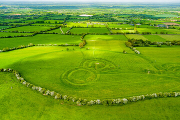 Aerial view of the Hill of Tara, an archaeological complex, containing a number of ancient...