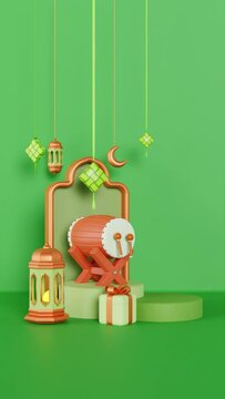 Islamic decoration background with podium, bedug drum, lantern and ketupat. 3D Animation