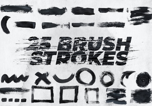 25 Black Brush Stroke Textures Isolated For Overlay. Acrylic Paint Drawn Effect.