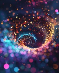 Abstract colorful light spiral background with bokeh effect and light particles