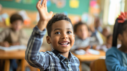 Young African American boy, male 1st grader kid or child raising his hand to ask or answer a question. Smiling and sitting in a classroom interior with other pupils. Indoors education, kindergarten