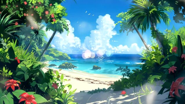 Sunny Shoreline: Relaxing Amidst Flowers on a Beach Blanketed by Summer Sunshine. Animated fantasy background, watercolor painting illustration style, seamless looping 4K video