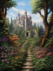 Majestic Woodland Castle Art Print: Forest Fortress & Palace Amid Trees Scene - obrazy, fototapety, plakaty