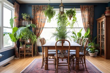 Fototapeta premium Bohemian Coastal Charm: Mediterranean Dining Room Ideas with Textile Curtains and Lush Indoor Plants