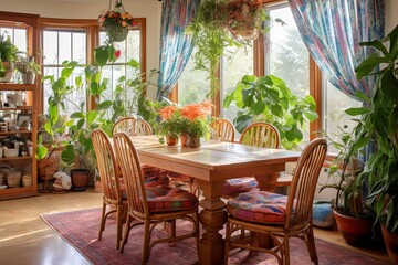 Obraz premium Bohemian Mediterranean Dining Room: Textile Curtains and Indoor Plants Inspiration