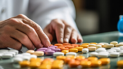 senior lady's hands with various medicine capsules, medication therapy, senior wellness, or healthcare management