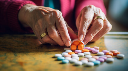 close-up of an old woman's hand counting pills, medication adherence, senior wellness, or healthcare for the elderly.