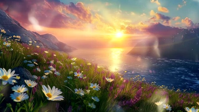 Seaside Serenity: A Sunset Beachscape Adorned with the Beauty of Wild Flowers. Fantasy background, seamless looping 4K Footage Animation