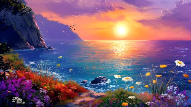 Coastal Tranquility: Wild Flowers on the Beach, Bathed in the Serenity of a Calm Sunset. Fantasy background, seamless looping 4K Footage Animation