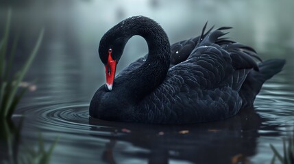 One beautiful black swan avian outdoors on the lake environment closeup wildlife bird elegance photography. Ripple effect and reflections in the water. Peaceful purity