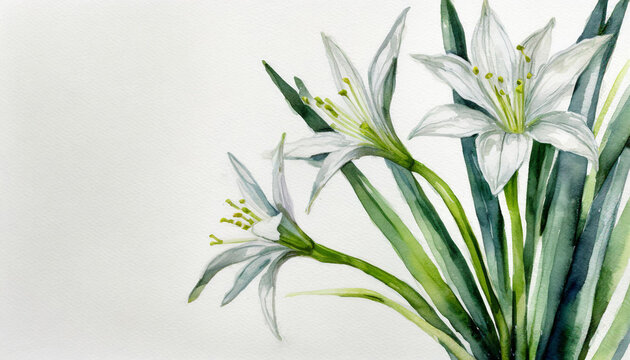 Watercolour of a Pancratium maritimum on pure white background canvas, copyspace on a side