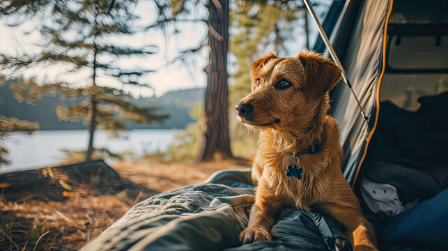 A brown retriever puppy peeks out from a tent on a grassy field