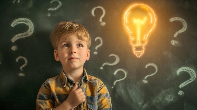 Closeup of a cute little boy with curious and thoughtful face expression. Pupil male student standing in front of the green blackboard with question mark drawings.Thinking of an idea,lightbulb glowing