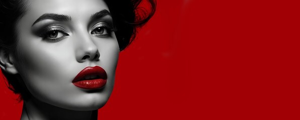Une belle femme brune mannequin maquillée avec du rouge à lèvres et du mascara sur un fond rouge - obrazy, fototapety, plakaty