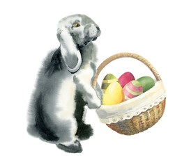 Watercolor Easter bunny with a basket of Easter eggs